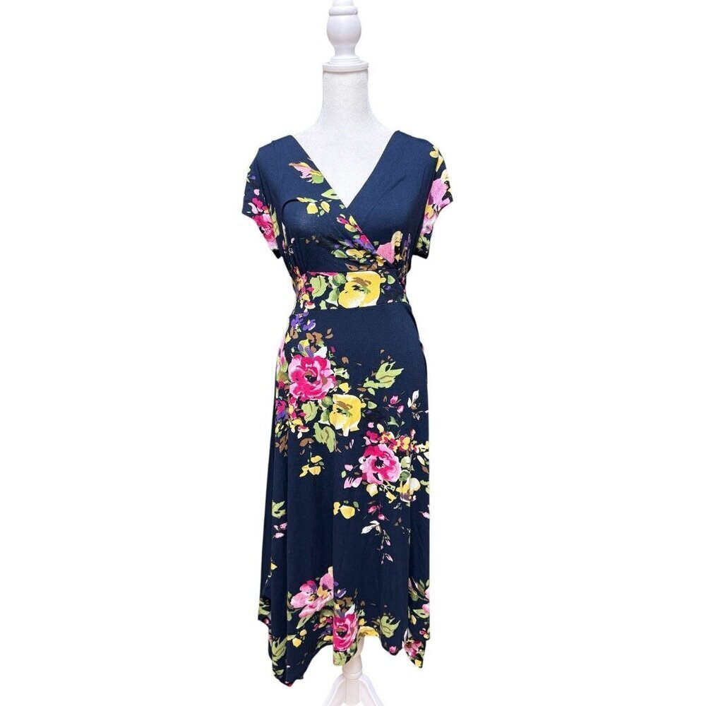 Lascana Floral Wrap Midi Dress Navy Tie Waist V Neck NWT Women 10